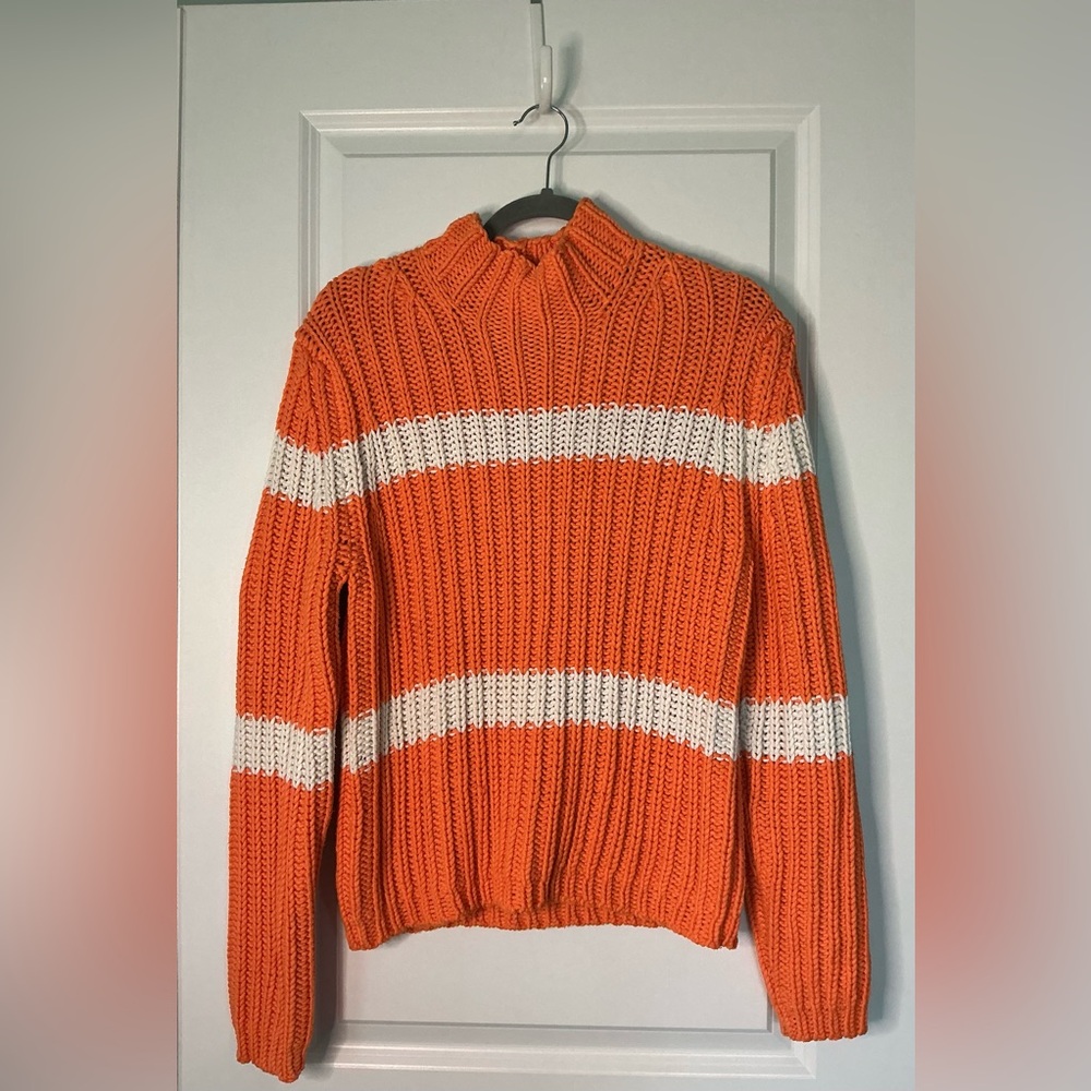 Vintage Tommy Hilfiger Sweater Chunky Knit Mock Neck Orange White Size Large